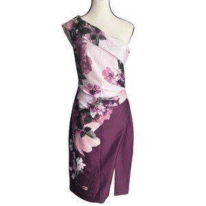 LE CHATEAU BEAUTIFUL FLORAL DESIGN ONE-SHOULDER DRESS, SZ. L, MADE IN CANADA